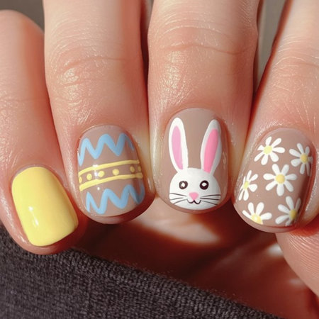 20 Short rounded Easter bunny egg daisy nails yellow taupe_pin