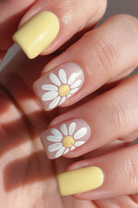 20 Squoval yellow nails white daisy accent_pin