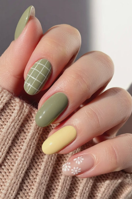 21 Oval shaped pastel green yellow pink with white daisies checkered grid_pin