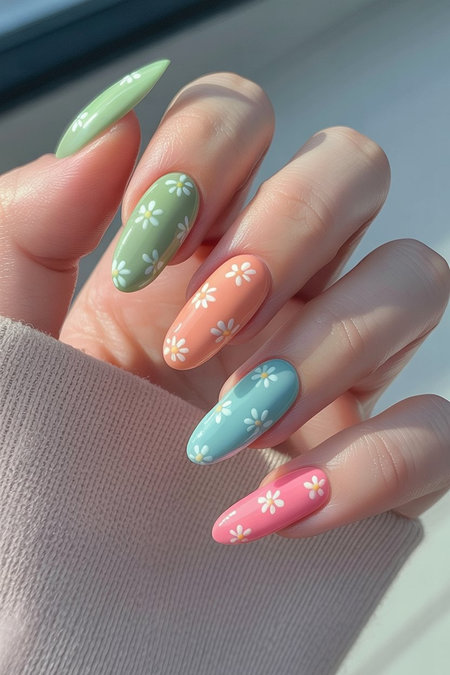 22 Stiletto multicolor pastel daisy nails_ECH