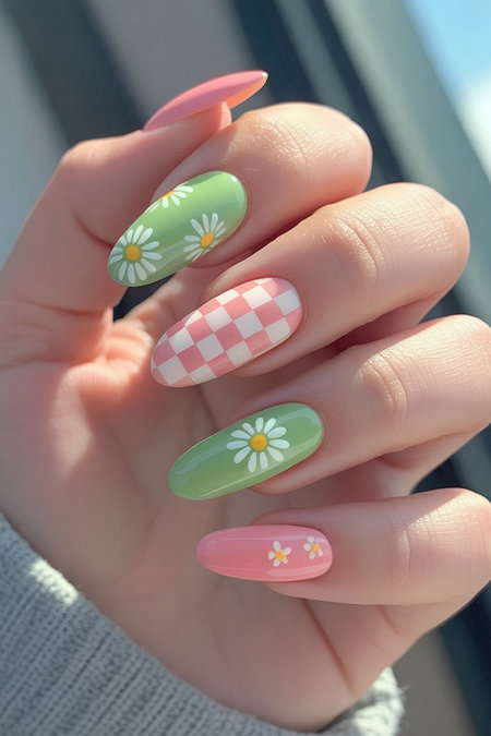 3 Almond green pink checkered daisy nails_ECH