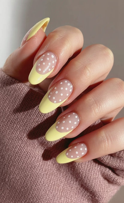 3 Almond nude yellow french tips white dots_pin