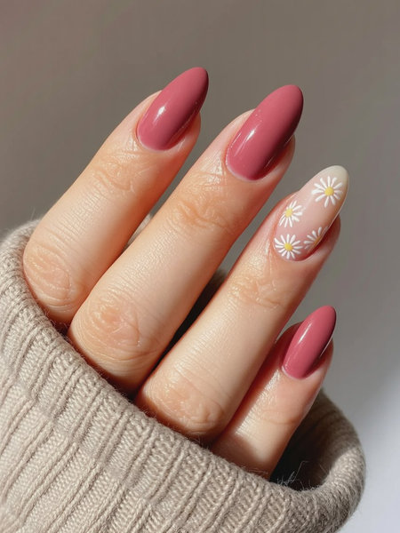 3 Almond shaped dusty mauve pink white daisy accent nail_pin