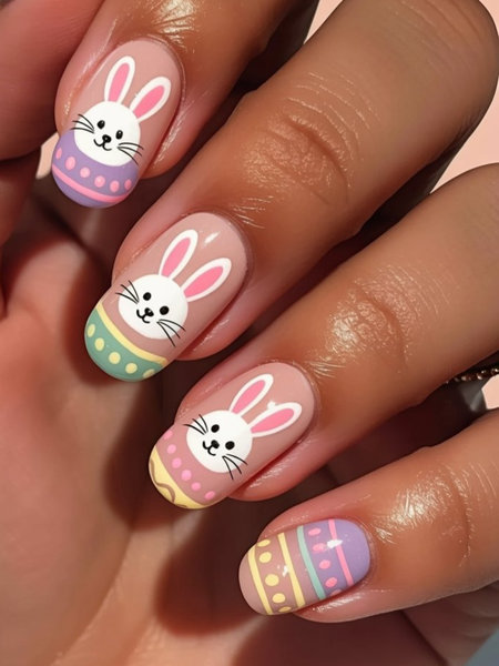 3 Short oval nude Easter bunny egg character nails_pin