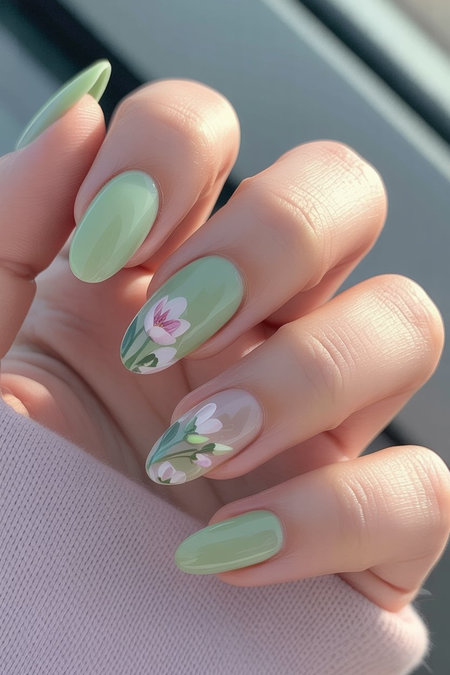 4 Almond shaped mint green with pink tulip floral art green leaves_pin