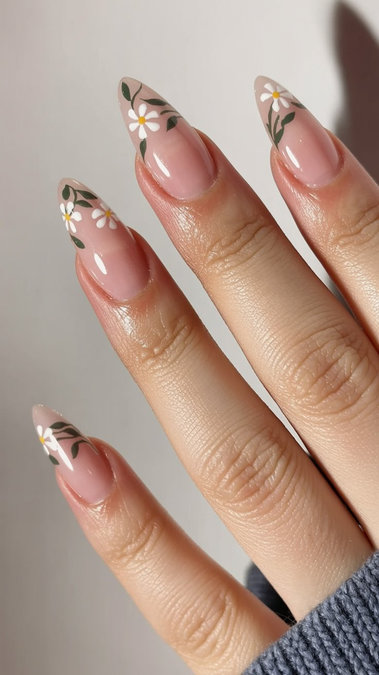 5 Almond shaped nude pink with white daisy flowers green leaves_pin