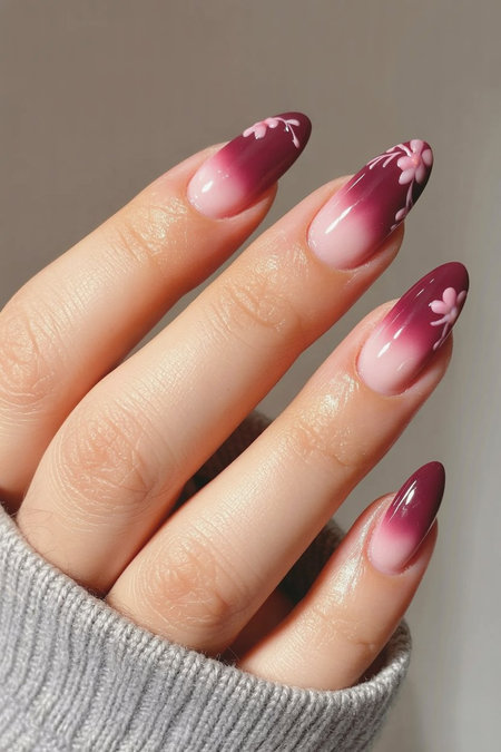 5 Almond shaped pink burgundy ombre gradient floral designs_pin