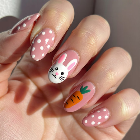 5 Long almond pink Easter bunny carrot polka dot nails_pin