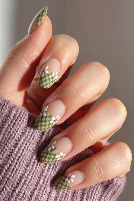 6 Almond shaped nude with sage green checkered french tips and daisies_pin