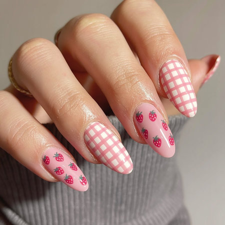 6 Almond shaped pink gingham checkered strawberry cute nails_pin