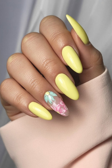 6 Almond yellow nails blue pink floral accent_pin