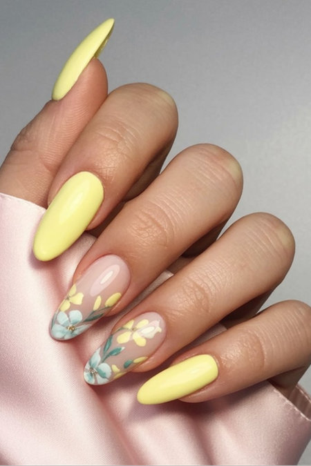 7 Almond yellow nails colorful floral accent_pin