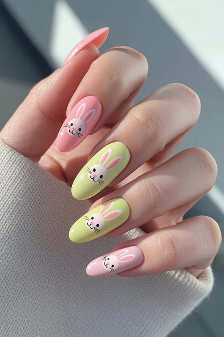 7 Long almond pink yellow Easter bunny face nails_pin