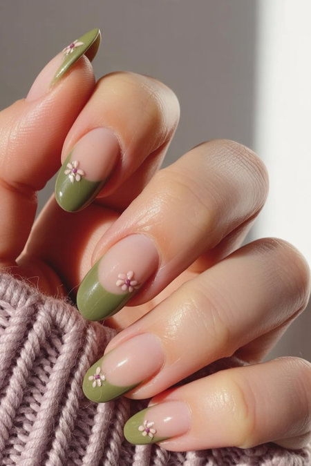 7 almond shaped olive green french tips with white daisies pink centers_pin