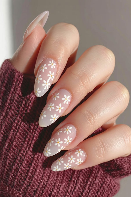 8 Almond nude white ombre daisy design_ECH