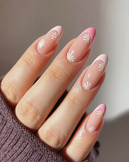 8 Almond shaped pink nails white daisy floral designs_pin