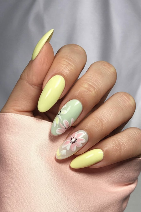 8 Almond yellow nails multicolor floral accent_pin