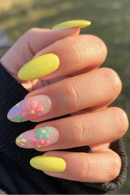 9 Almond yellow nails painted floral accent nude base_pin