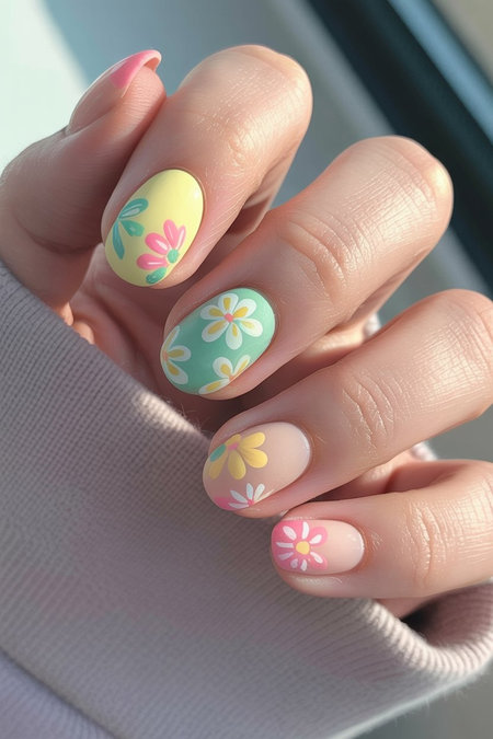 9 Short oval pastel daisy floral Easter nails_pin