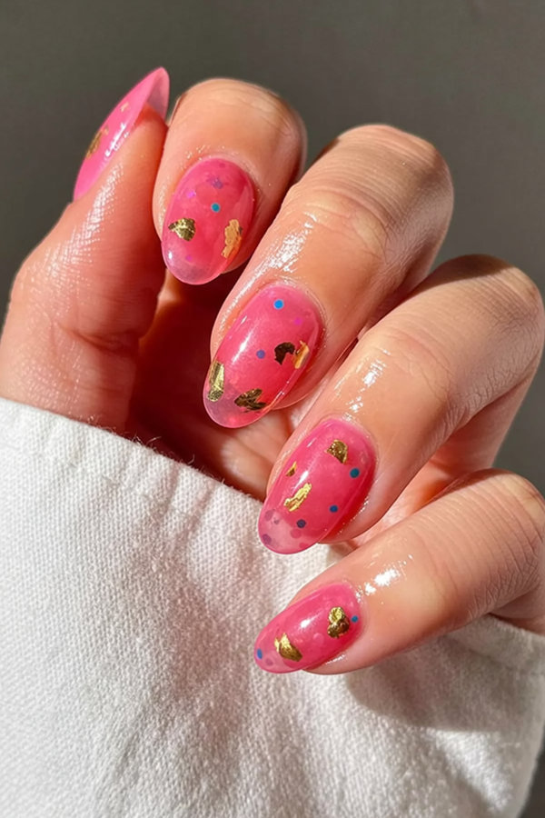 1 Sheer jelly nails in watermelon pink with floating glitter and gold foil flakes_bp