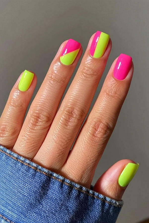 14 Bold color-block nails alternating neon yellow and hot pink with clean geometric lines_bp