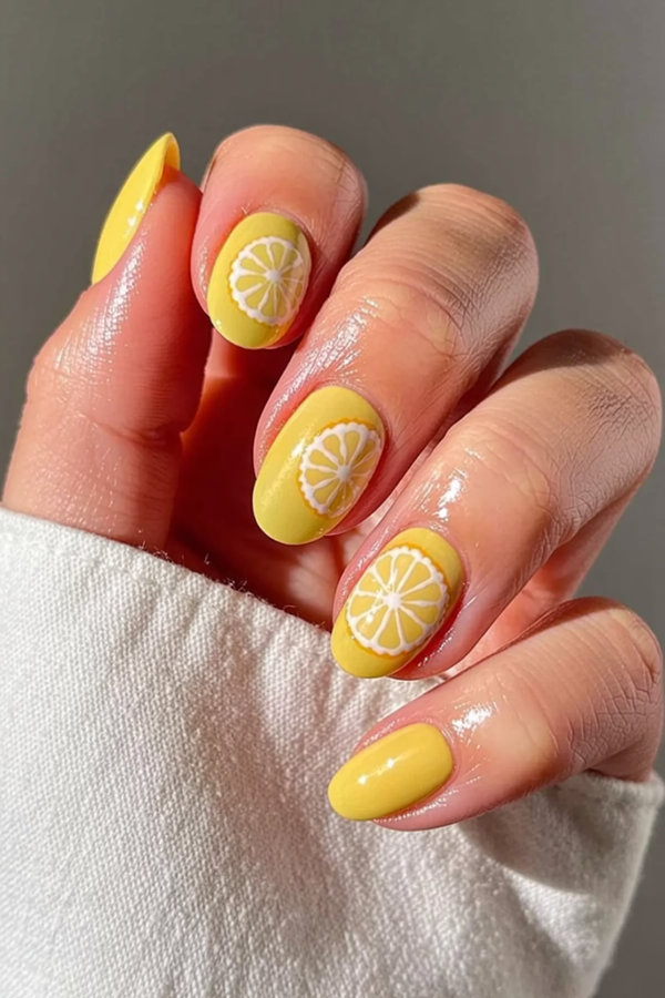 16 Lemon slice nail art on a bright yellow base with hand-drawn citrus details_bp