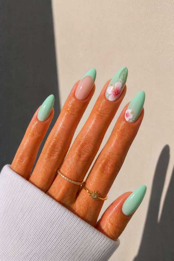 19 mint green nail with white and pink detailed flowers and botanical accents_bp