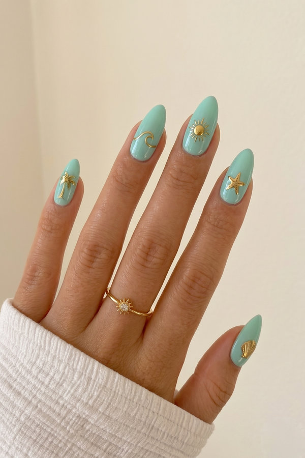 20 mint green-blue with gold beach accents – ocean wave, palm tree, sun, starfish,seashell_bp