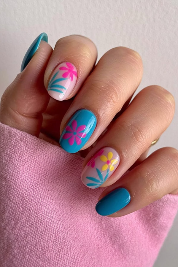 27 simple tropical nail art in pink and teal_bp