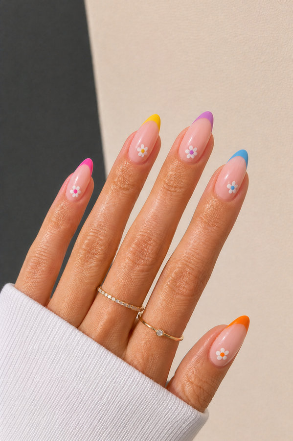 28 skinny colorful french tips with a single flower on each nail_bp