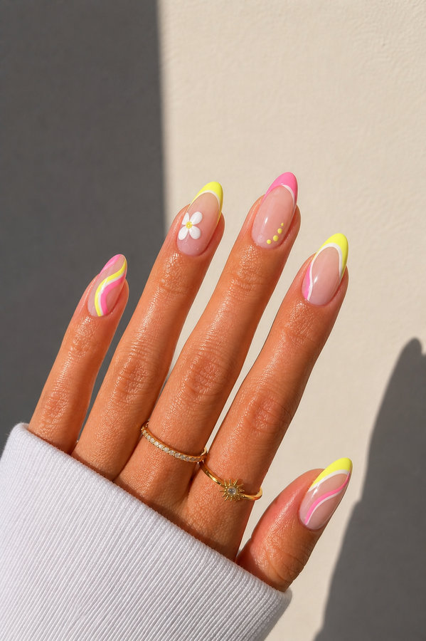 32 bright pink and citrus yellow color summer french tips with cute accents_bp
