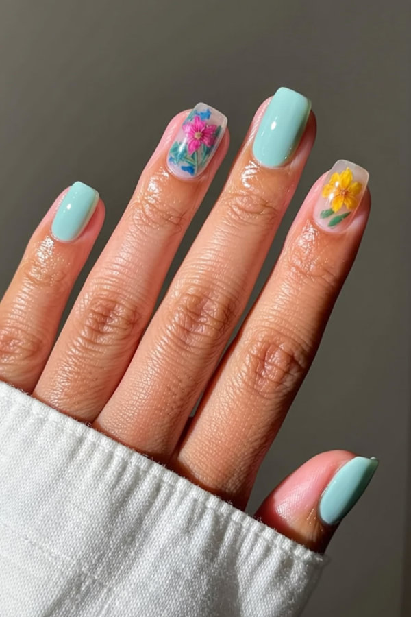 34 Translucent aqua nails with encapsulated tropical flowers_bp
