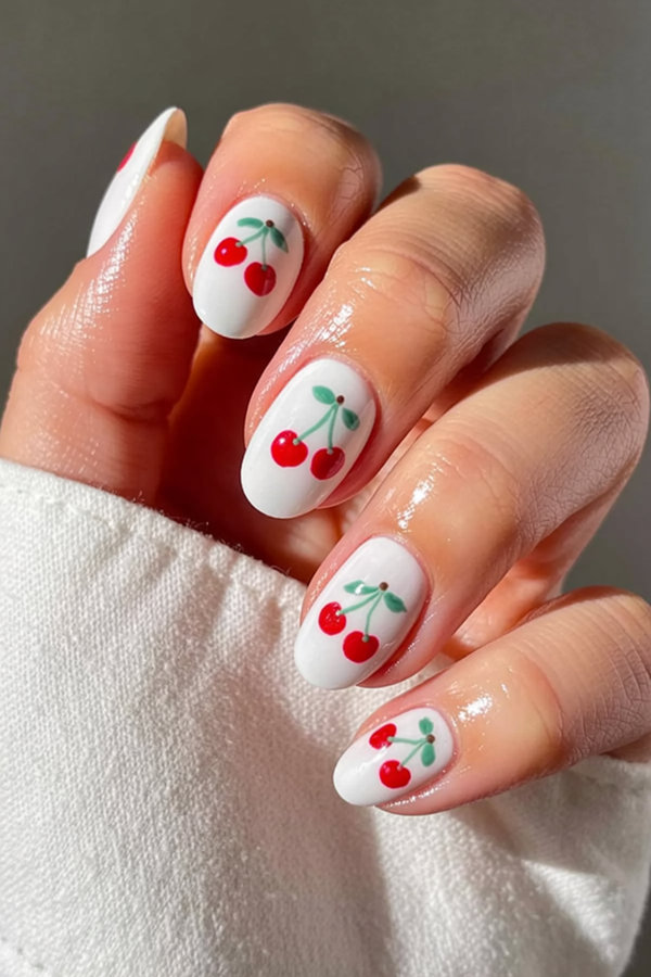 36 White nails adorned with delicate hand-painted red cherries and tiny green leaves_bp