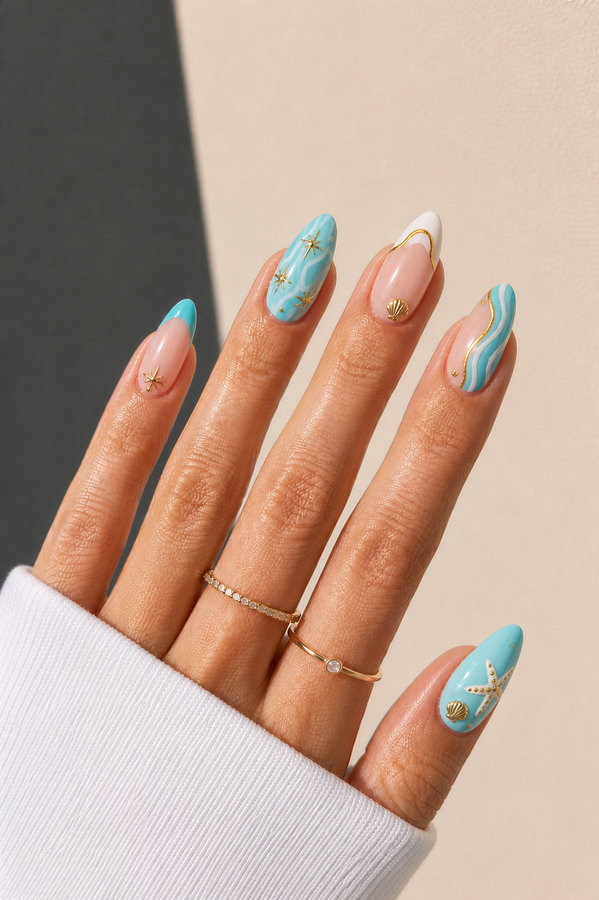 39 bright blue beach nails with gold accents, seashells and starfish_bp