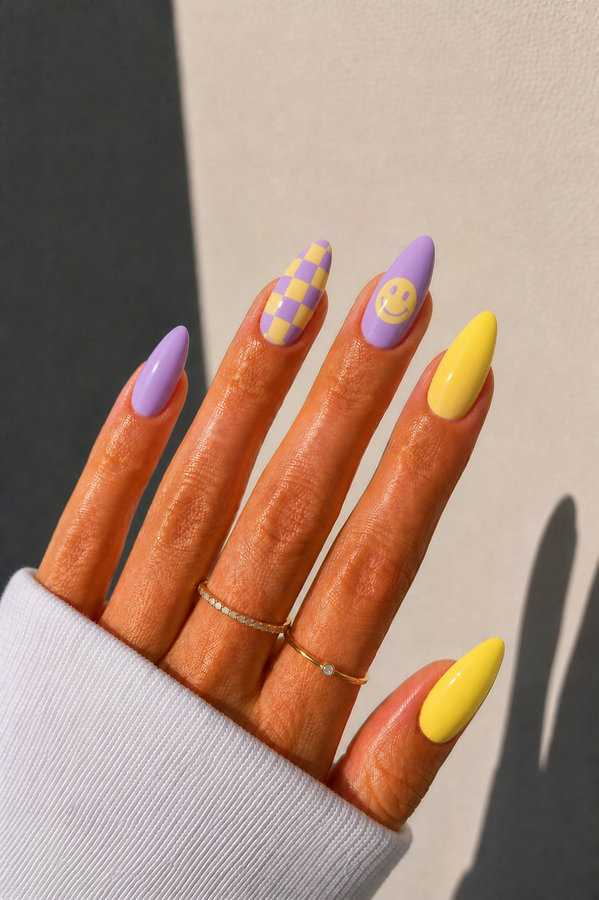 5 yellow and lavender cheerful nails with checkers and smiley face_bp