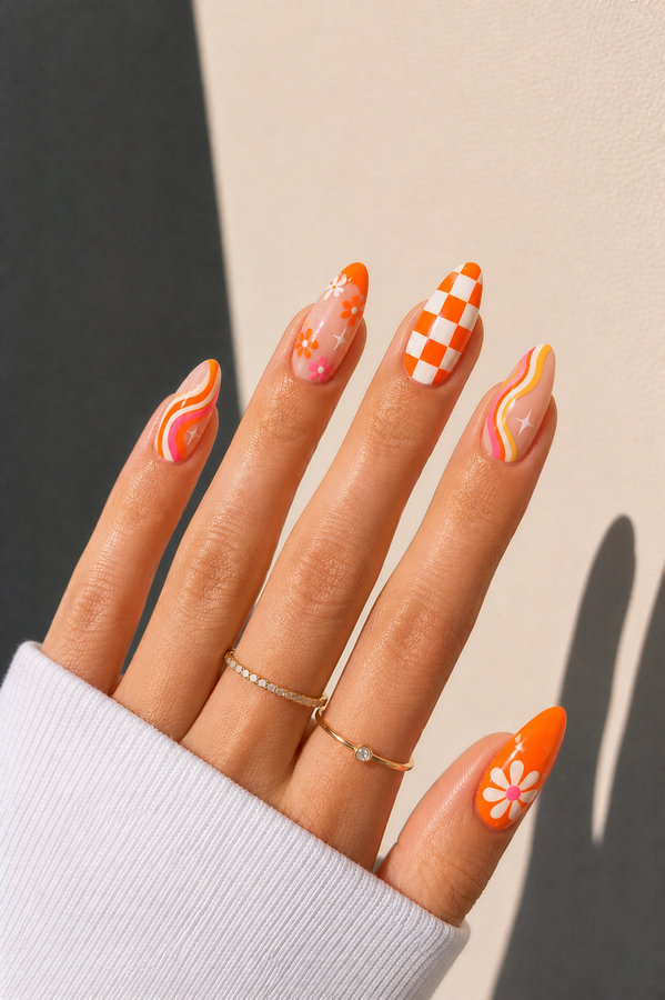 7 bright orange with cutesy retro accents – checkers, florals, swirls and stars_bp