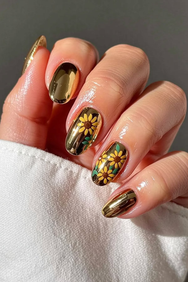 8 Sun-kissed golden chrome nails with tiny hand-painted sunflowers on accent fingers_bp